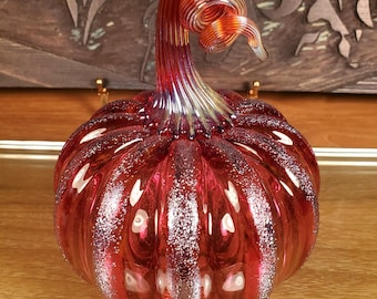 Blown Glass Pumpkin, Gold Ruby Pink.