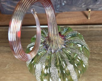 Blown Glass Pumpkin, "Bright Green & Red Lustre Anello"