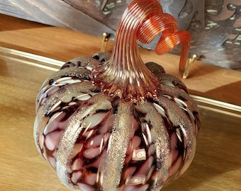 Blown Glass Pumpkin, Celadon Speckled Copper Ruby.
