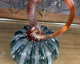 Blown Glass Pumpkin, "Aquamarine & Red Lustre Anello"