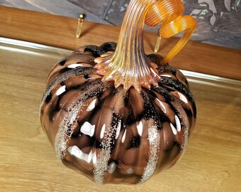 Blown Glass Pumpkin, Black with Gold Adventurine.