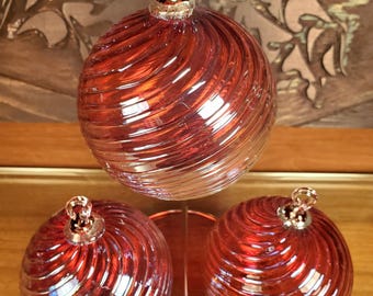 Handmade Spiraling Silvered Red Blown Glass Ornament.