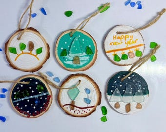 Sea Glass Christmas Tree Ornaments: Handmade Holiday Decor / Gift, Set of 6
