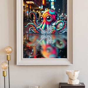 Op de afbeelding: Een kleurrijke cartoonoctopus met grote ogen is geschilderd op een straat in de stad. De octopus bevindt zich in een plas water en zijn reflectie is zichtbaar in het water. De achtergrond is een straat in de stad 's nachts met neonlichten.