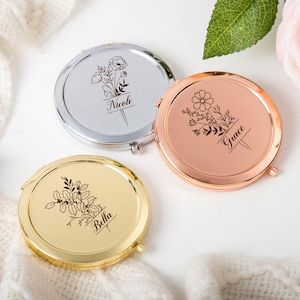 Bridesmaids Gifts Personalized Compact Mirror Birth Flower Pocket Mirror Engraved Makeup Mirror Custom Bridal Shower Gift Hen Party Gift