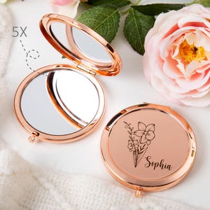 Personalized Compact Mirror with Birth Flower, Engraved Pocket Mirror, Bridesmaid Proposal, Birthday Gift, Custom Name Gift, Hen Party Gift