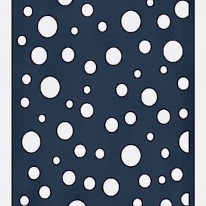 May include: A dark blue background with a pattern of white circles of varying sizes.