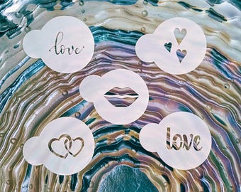 Love & Lips Cookie Stencil Bundle – 5 Reusable Mylar Stencils for Cookies, Macarons, Cakes, Royal Icing and Airbrush Love  Lips Stencils