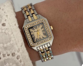 Crystal Square Watch for Women, Roman Numeral Dial Luxury Quartz Watch, Silver Steel Band Wristwatch, Bling Fashion Jewelry Gift for Her