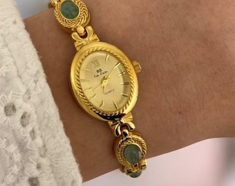 Luxury Jade Bracelet Watch for Women – Elegant Small Dial Quartz Wristwatch, Original Brand Golden Fashion Watch, Premium Gift for Her