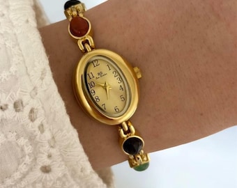 Luxury Women’s Jade Bracelet Watch – Vintage Elegant Small Oval Dial Quartz Wristwatch, Colorful Natural Jade, Waterproof