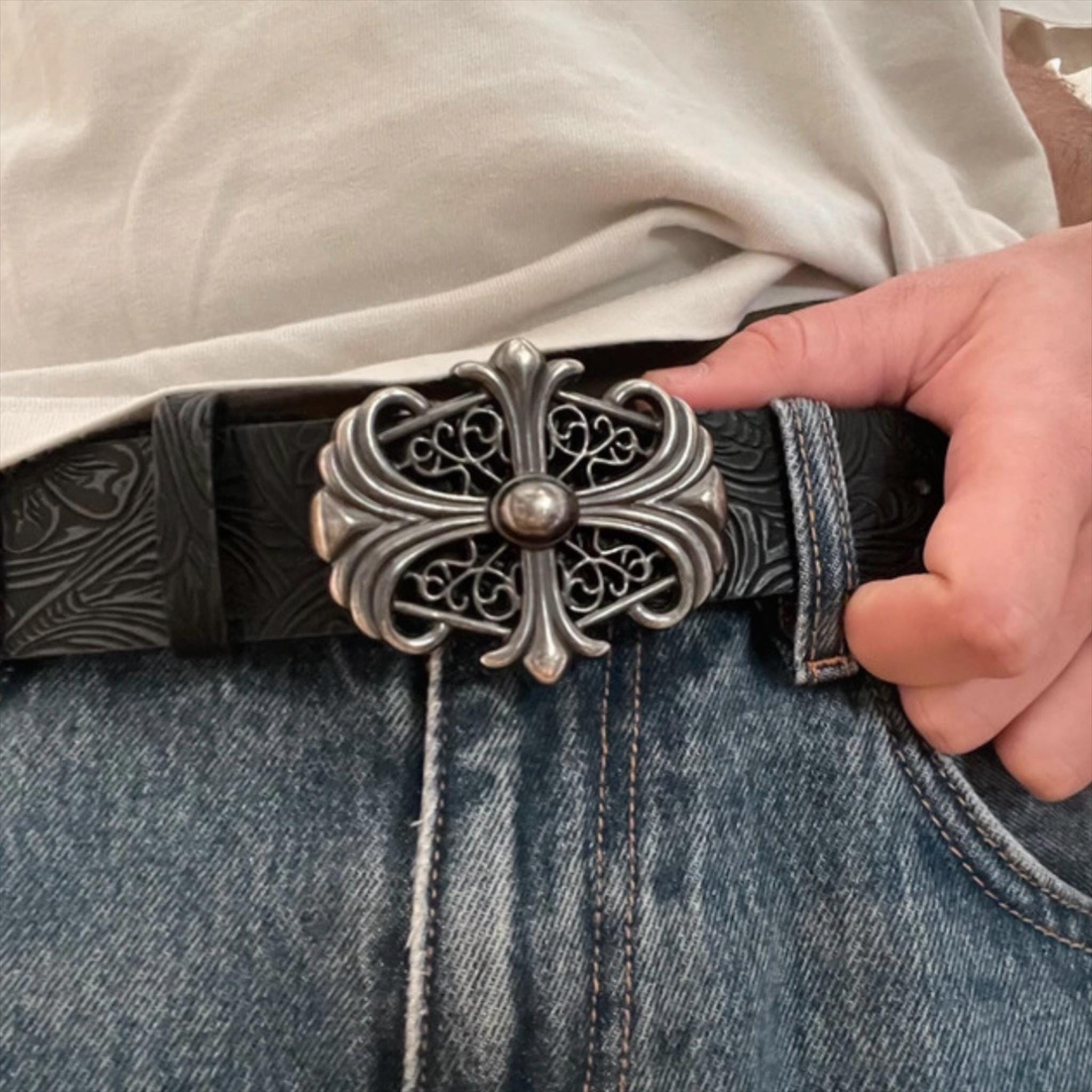 Vintage Y2K Leather Belt White Silver Embossed Floral Boho Cottagecore Fairycore Cowgirl Floral Belts for Women for sale | eBay main image 3