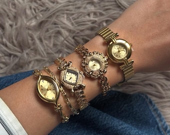 Gold Vintage Women's Watch,French Style Tonneau Quartz Watch,Elegant Copper Alloy Wristwatch,Luxury Small Face Watch,Birthday Gift for Her