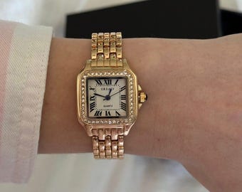 Gold Stainless Steel Women’s Watch – Luxury Square Quartz Bracelet Watch – Elegant Business Wristwatch – Minimalist Ladies Gift