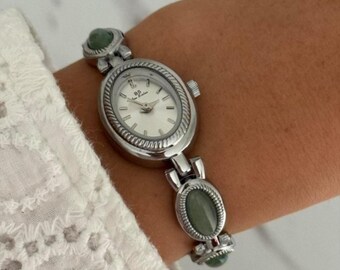 Luxury Women’s Gold Watch – Vintage Green Gemstone & Diamond Bracelet, Elegant Quartz Wristwatch, Perfect Gift for Her