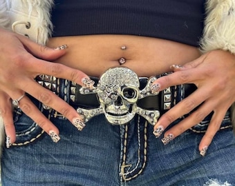 Gothic Skull Rhinestone Belt, Y2K Punk Rock Studded Waistband,Emo Alt Accessories,Hip Hop Bling Buckle Belt for Men & Women, Cyber Goth Gift