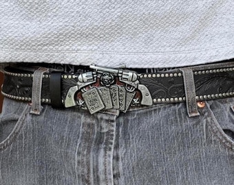 Western Embossed Leather Belt with Ornate Buckle - Cowboy Punk Waist Strap, Adjustable Tooled Pattern Belt for Men & Women, Boho Rocker Fash