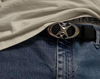 Gothic Moon Star Buckle Belt,Y2K Punk Grunge Waistband, Vintage Metal Cross PU Leather Belt for Jeans, Alt Aesthetic Accessory for Men Women