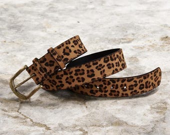 Boho Leopard Print Belt, Slim Fit Thin Waist Accessory, PU Leather Animal Print Belt, Custom Handmade Stylish Belt for Any Outfit