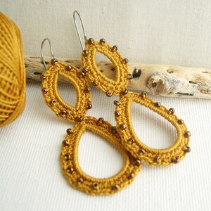 Mustard lace earrings Boho Earrings Long dangle earrings Mustard Long Earrings Boho Chic bridesmaid gift crochet earrings image 3