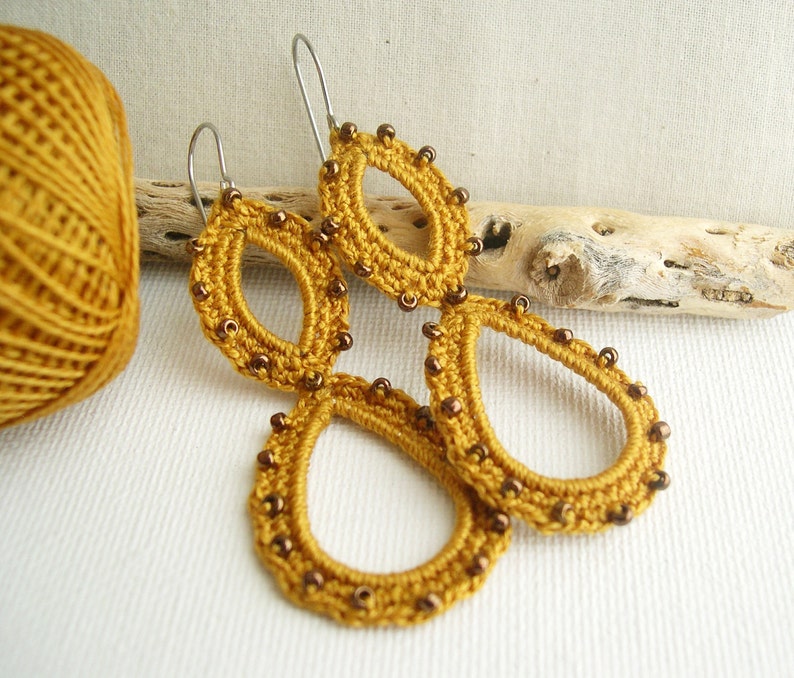 Mustard lace earrings Boho Earrings Long dangle earrings Mustard Long Earrings Boho Chic bridesmaid gift crochet earrings image 3