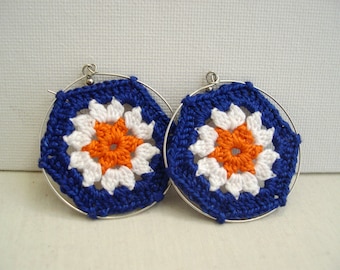 Colorful Big Hoop Earrings - Granny Hexagon Crochet Earrings - Lace earrings - Retro Fashion earrings - Girlfriend gift - Made in America
