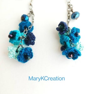 crochet long dangle flower earrings/long lace earrings/flower cluster microcrochet earrings/handmade in US/shade of blue/gift for her image 1
