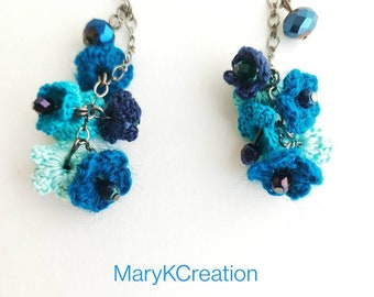 crochet long dangle flower earrings/long lace earrings/flower cluster microcrochet earrings/handmade in US/shade of blue/gift for her