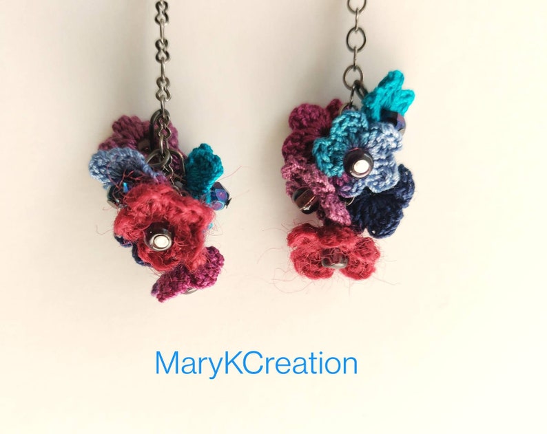 crochet long dangle flower earrings/long lace earrings/flower cluster microcrochet earrings/handmade in US/shade of blue/gift for her image 3