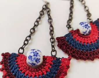 Chandelier earrings, lace fashion earrings, red and blue earrings, long dangle earrings, girlfriend gift, modern earrings, gift for her