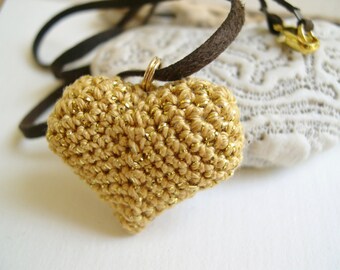 Golden Heart Pendant Necklace - Heart Charm - heart necklace girlfriend gift  - Mother's day gift - Valentine's day gift - Crochet heart