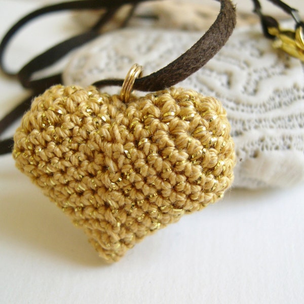 Golden Heart Pendant Necklace - Heart Charm - heart necklace girlfriend gift  - Mother's day gift - Valentine's day gift - Crochet heart