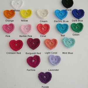 May include: A collection of crocheted heart appliques in various colors, including white, orange, yellow, cream, pink, coral, red, purple, and blue. Each heart is labeled with its color name, such as "Electric Blue" and "Crimson Red".