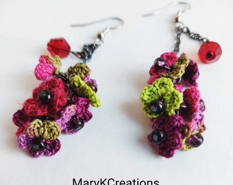 crochet long dangle flower earrings/long lace earrings/flower cluster microcrochet earrings/made in US/shade of purple green/gift for her