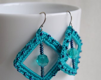 Crochet Earrings, Teal square earrings, bridesmaid earrings, Beaded crochet, Lace earrings, gift for her, Lace fashion jewelry, geometric
