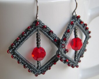 Square crochet earrings/dark grey and red earrings/microcrochet earrings/christmas gift for he/boho chic outstanding earrings/made in US