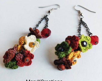 crochet long dangle flower earrings/long lace earrings/flower cluster microcrochet earrings/handmade in US/automn fall colors/gift for her