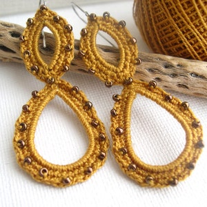 Mustard lace earrings Boho Earrings Long dangle earrings Mustard Long Earrings Boho Chic bridesmaid gift crochet earrings image 2