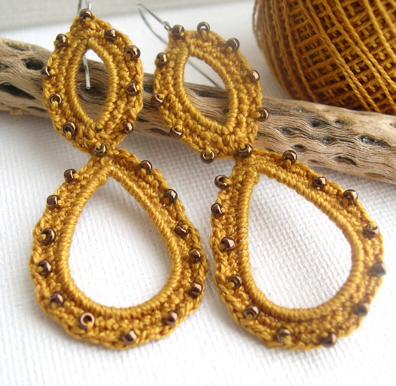 Mustard lace earrings Boho Earrings Long dangle earrings Mustard Long Earrings Boho Chic bridesmaid gift crochet earrings image 2