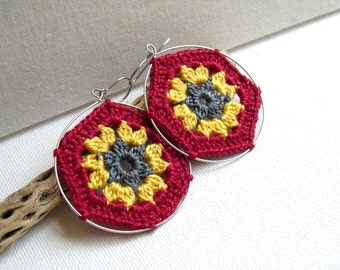 Granny Hexagon Earrings - Big Hoop Earrings - Red Yellow Gray - colorful earrings - Vintage Lace Earrings - Retro Fashion Lace - Festival
