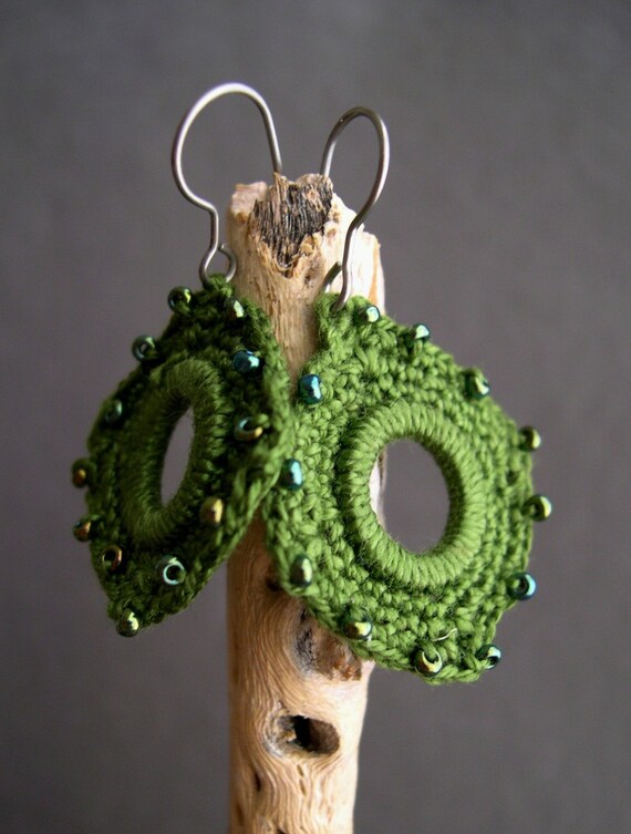 Olive Green Crochet Earrings – Beaded Boho Chic Lace Earrings