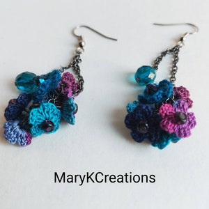 crochet long dangle flower earrings/long lace earrings/flower cluster microcrochet earrings/handmade in US/shade of blue/gift for her image 4