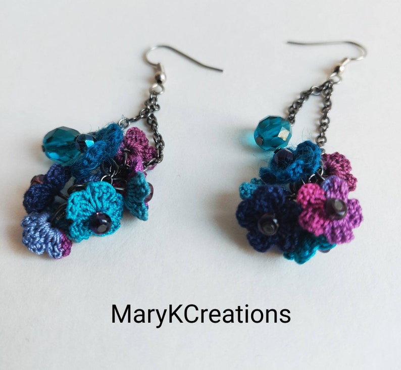 crochet long dangle flower earrings/long lace earrings/flower cluster microcrochet earrings/handmade in US/shade of blue/gift for her image 4