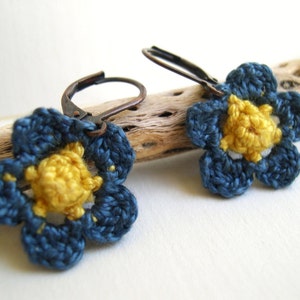 Blue and Yellow Primrose Earrings Crochet Flower earrings Whimsy Fashion Unique Mother's day gift Cute Flower Earrings image 1