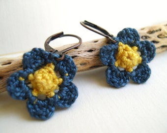 Blue and Yellow Primrose Earrings - Crochet Flower earrings - Whimsy Fashion Unique - Mother's day gift - Cute Flower Earrings