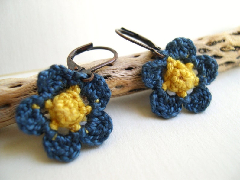 Blue and Yellow Primrose Earrings Crochet Flower earrings Whimsy Fashion Unique Mother's day gift Cute Flower Earrings image 1