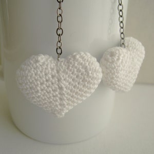 Heart Earrings - White Heart Long Dangle Earrings - Bridal earrings - Wedding earrings - white crochet earrings - statement earrings