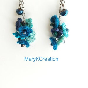 crochet long dangle flower earrings/long lace earrings/flower cluster microcrochet earrings/handmade in US/shade of blue/gift for her image 2