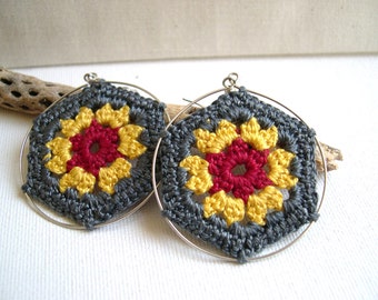 Sunflower Earrings - granny square hoop earrings -  Gray Yellow Red earrings - Lace earrings - Colorful earrings - Girlfriend gift