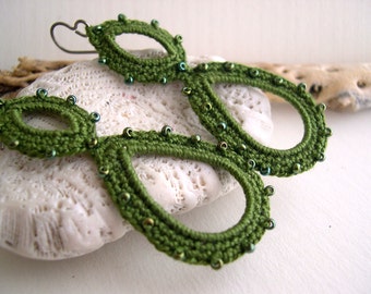 Olive Green earrings - Long earrings - Lace earrings - boho chic - lightweight earrings - infinity loop earrings - valentine's day gift